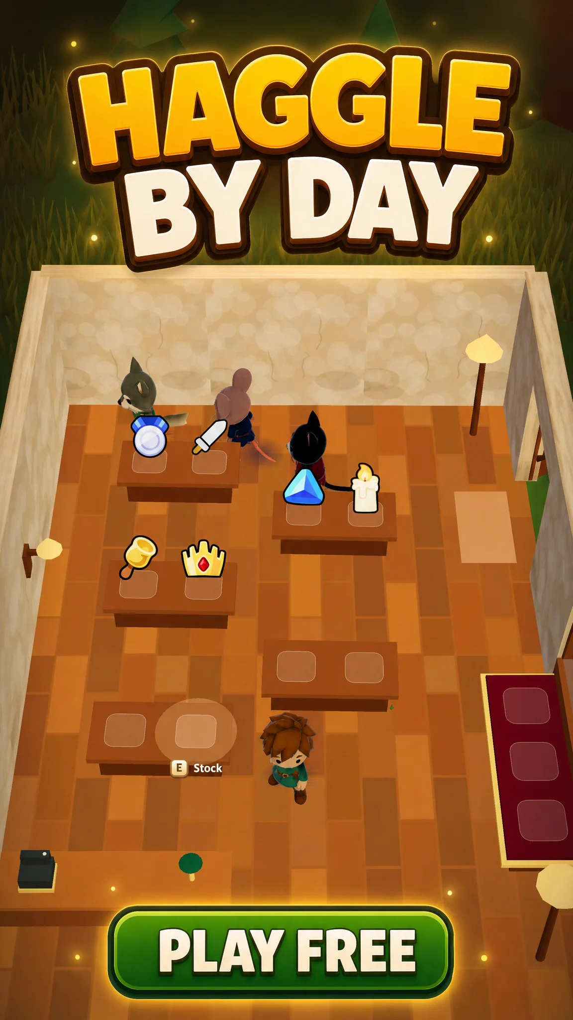 Haggle by day — customers browse the shelves of your item shop